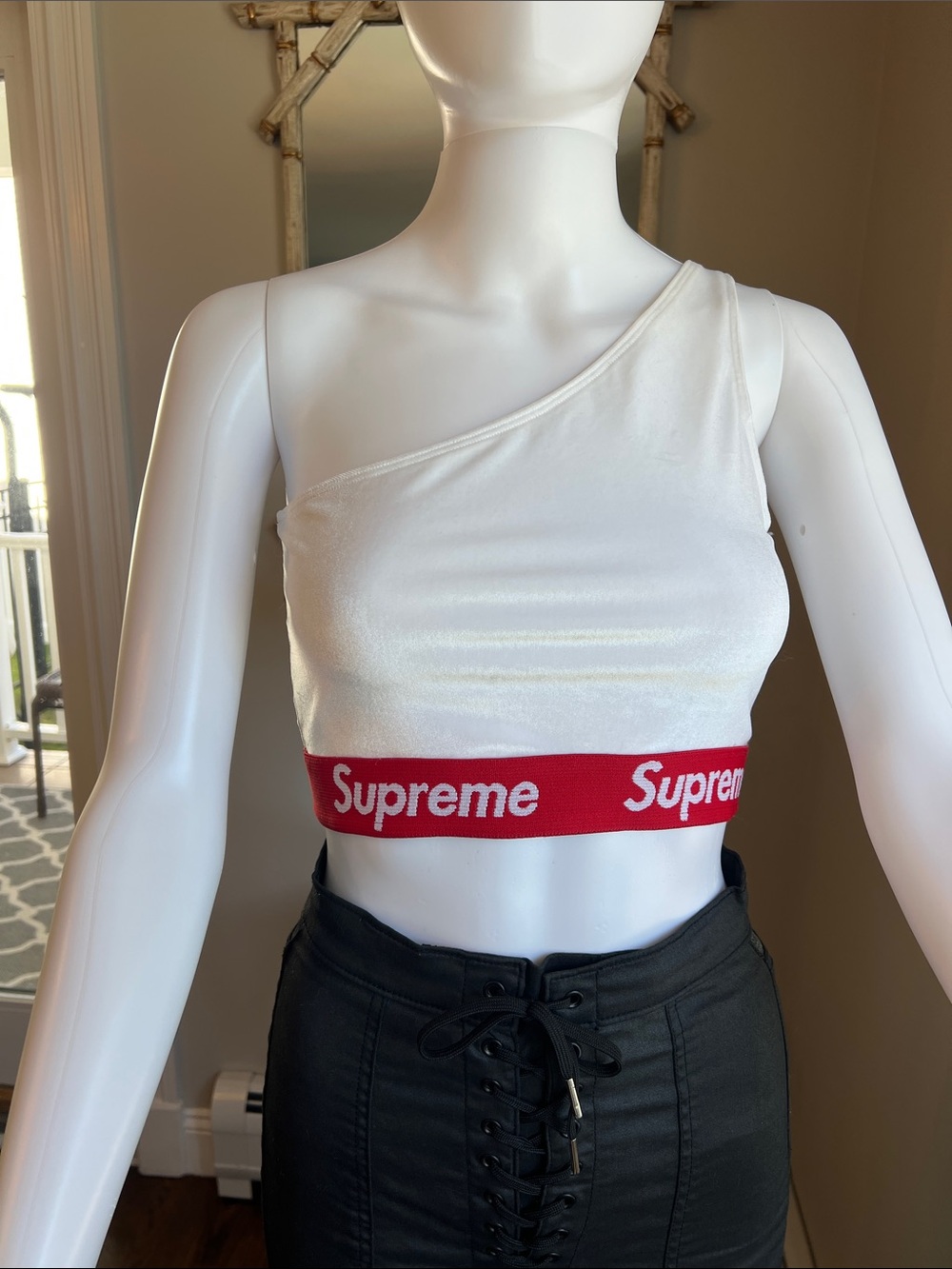 Supreme White One-Shoulder Crop Top with Red Logo Band
